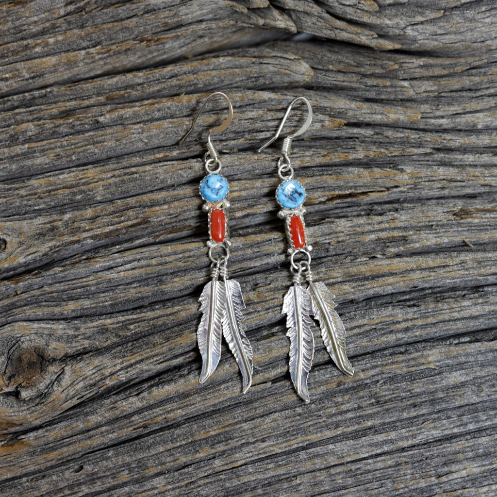 Navajo Silver, Coral & Turquoise Earrings by Betty Begay