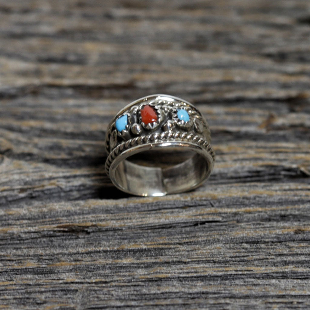 Navajo Silver, Turquoise & Coral Ring by Sondra Whitegoat