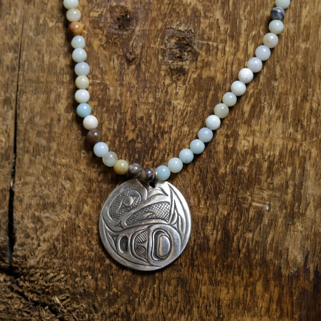&#39;Raven&#39; Pewter Pendant with Amazonite Neckace by Alex Helin
