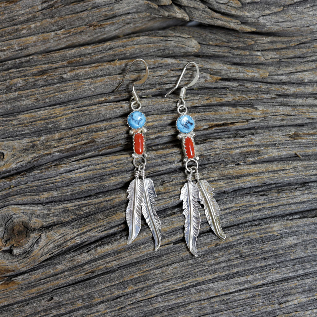 Navajo Silver, Coral &amp; Turquoise Earrings by Betty Begay