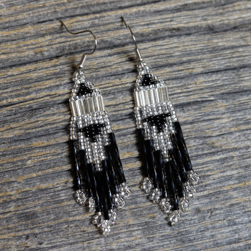 Beaded Fringe Earrings by Zhawenim Designs - Black &amp; Crystal Silverlined