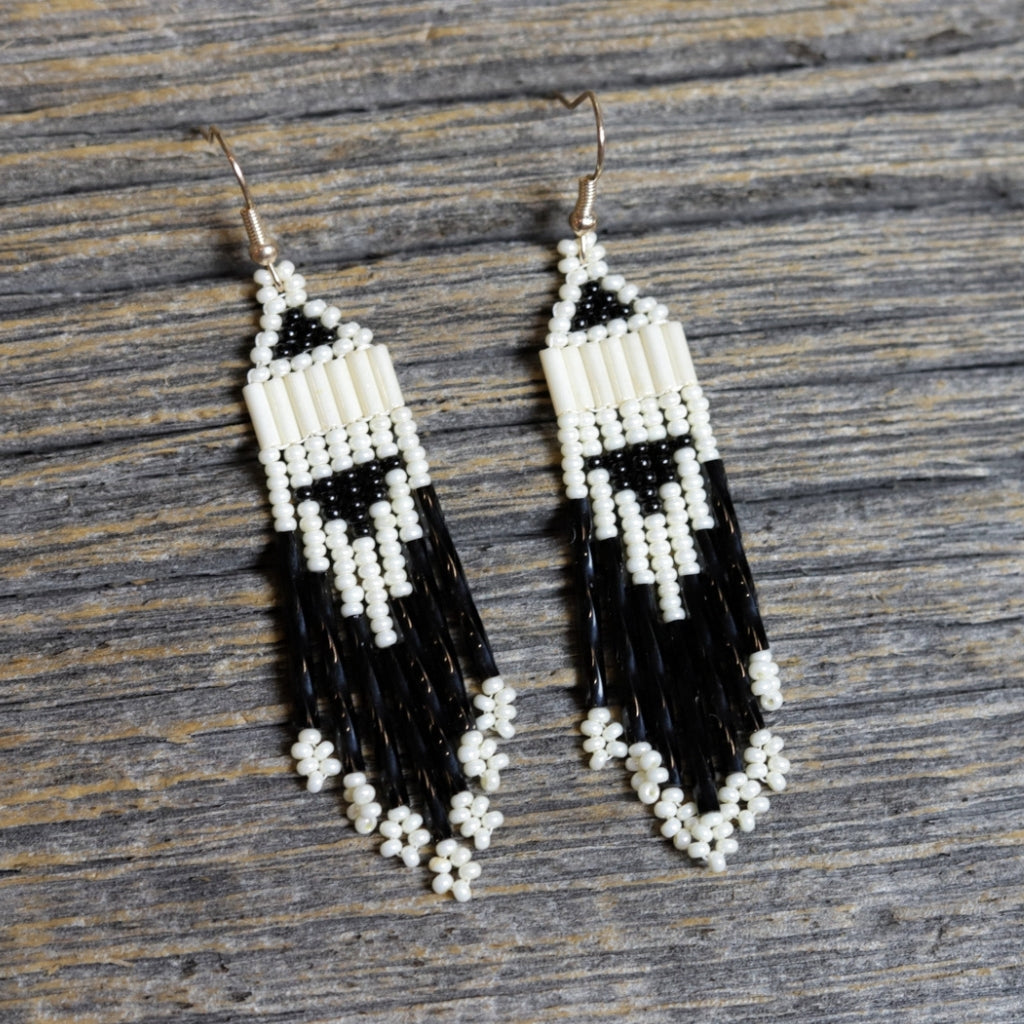 Beaded Fringe Earrings by Zhawenim Designs - Black &amp; Pearl Ivory