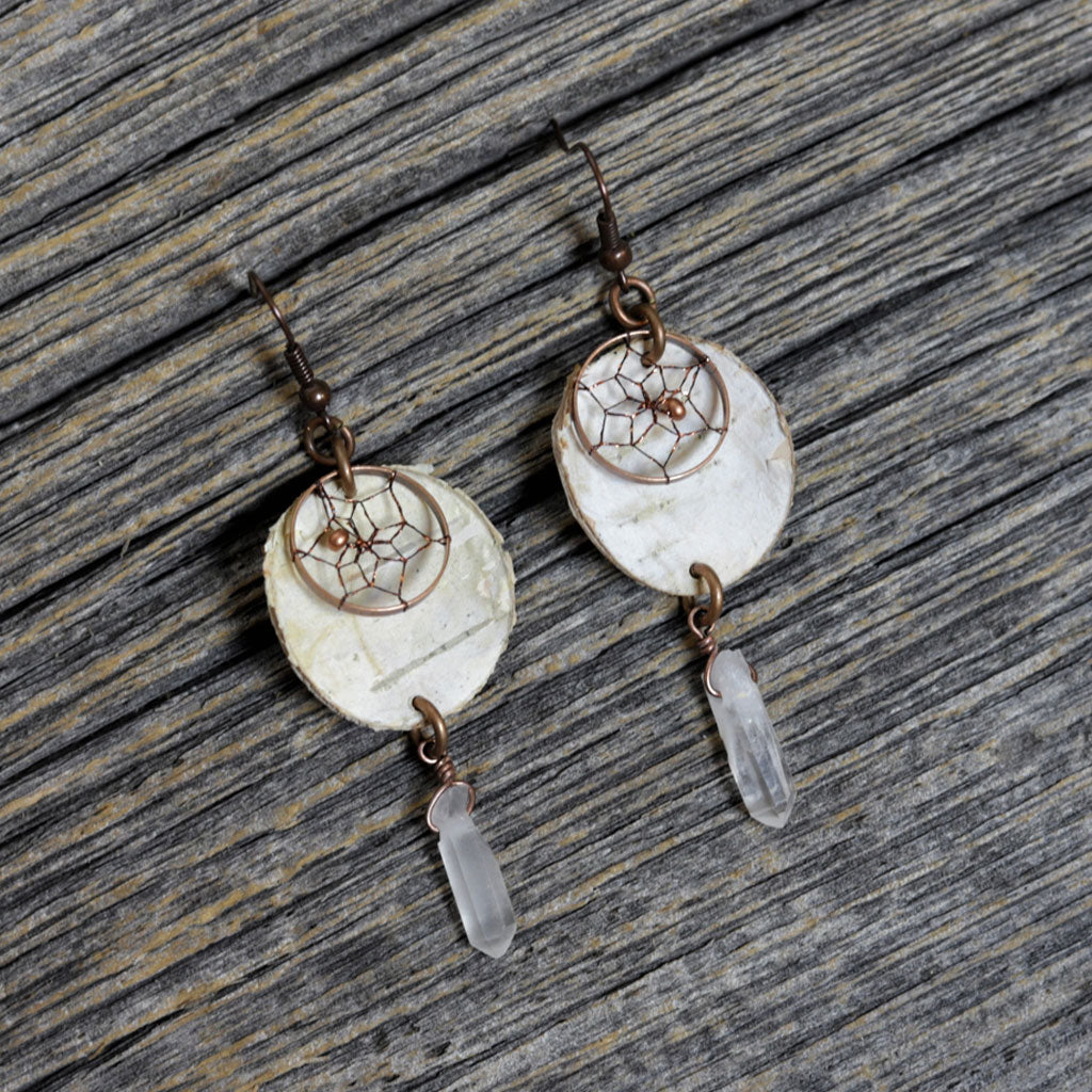 Birch Bark Earrings w/ Dreamcatcher & Crystal