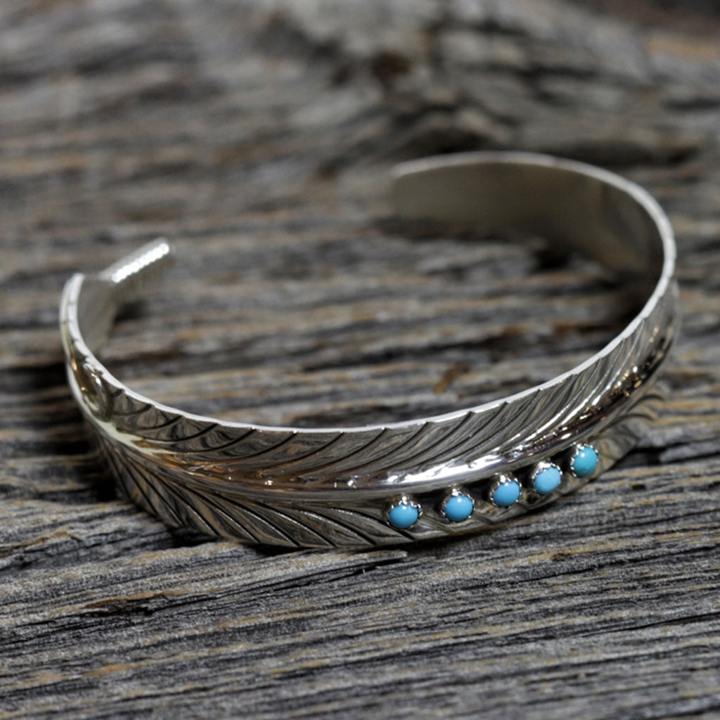 Silver &amp; Turquoise Navajo Feather Bracelet by Myron Begay
