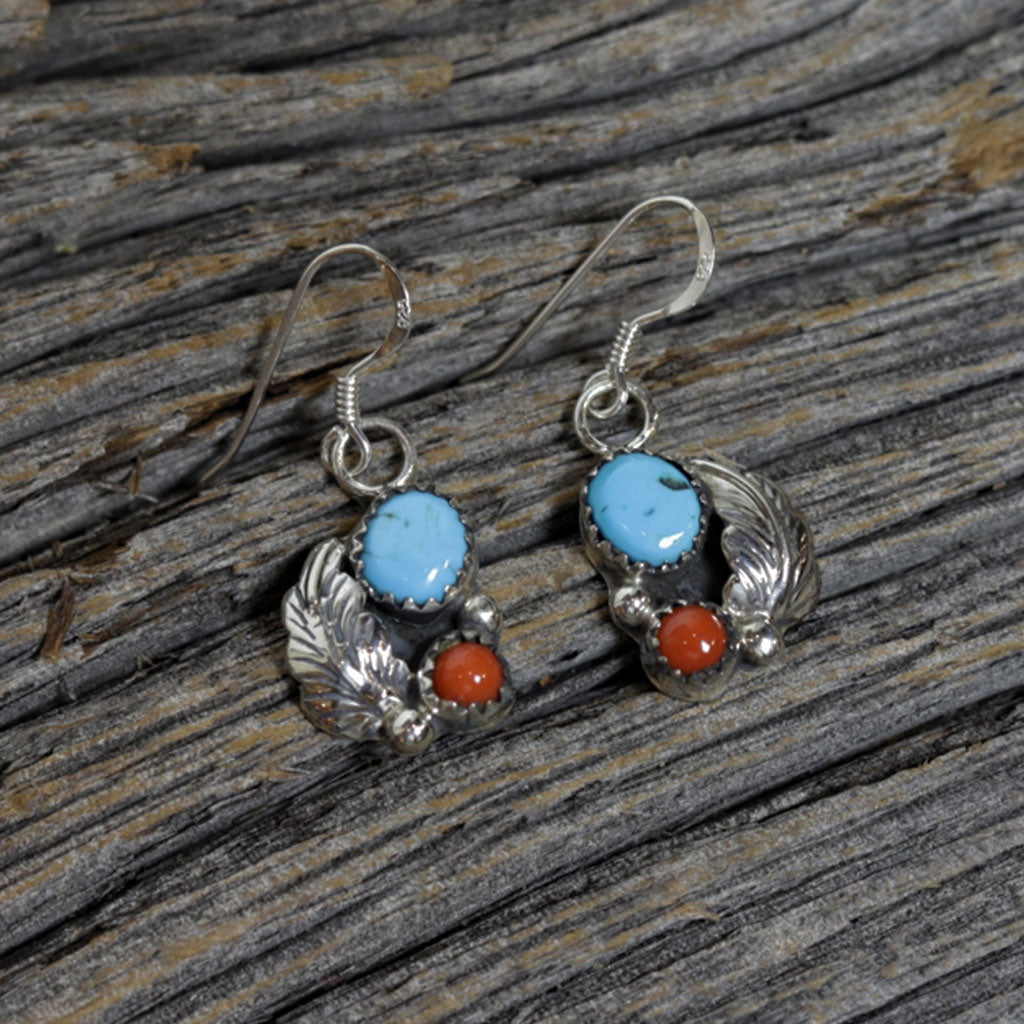 Navajo Silver Turquoise & Coral Earrings by David Morris