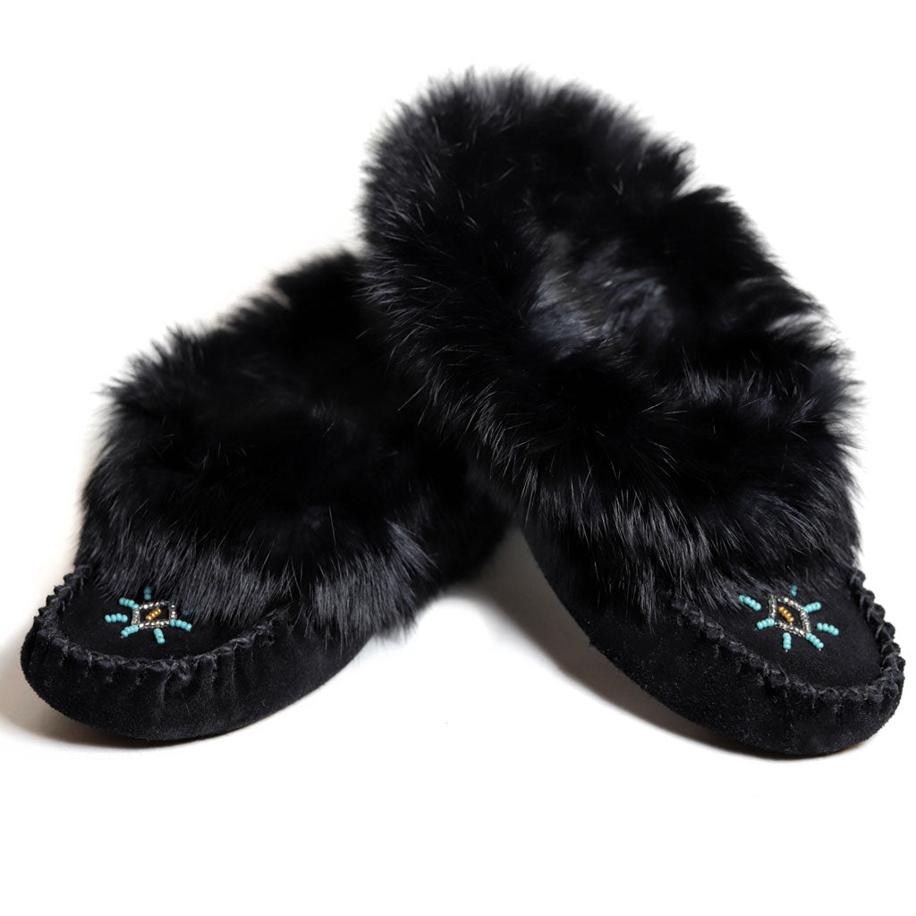 Ladies Black Moccasins with Rabbit Fur