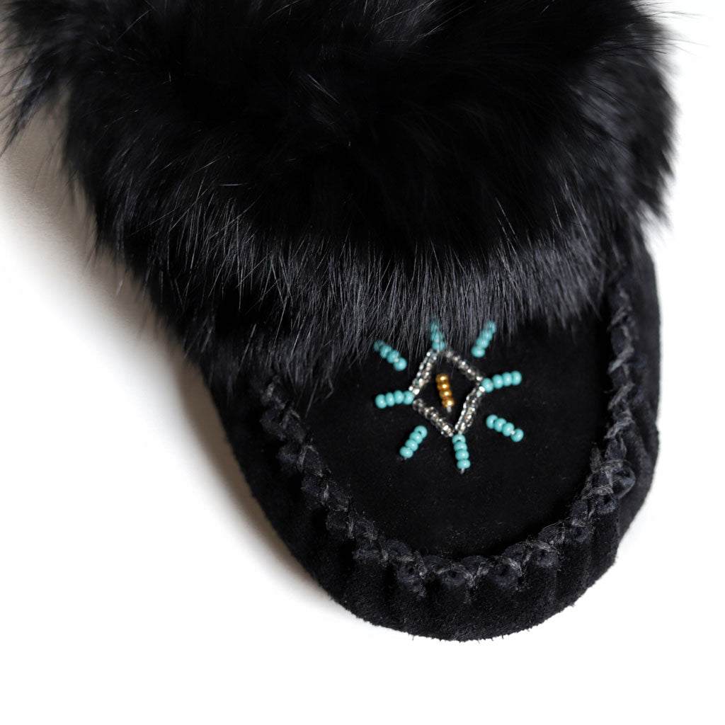 Ladies Black Moccasins with Rabbit Fur