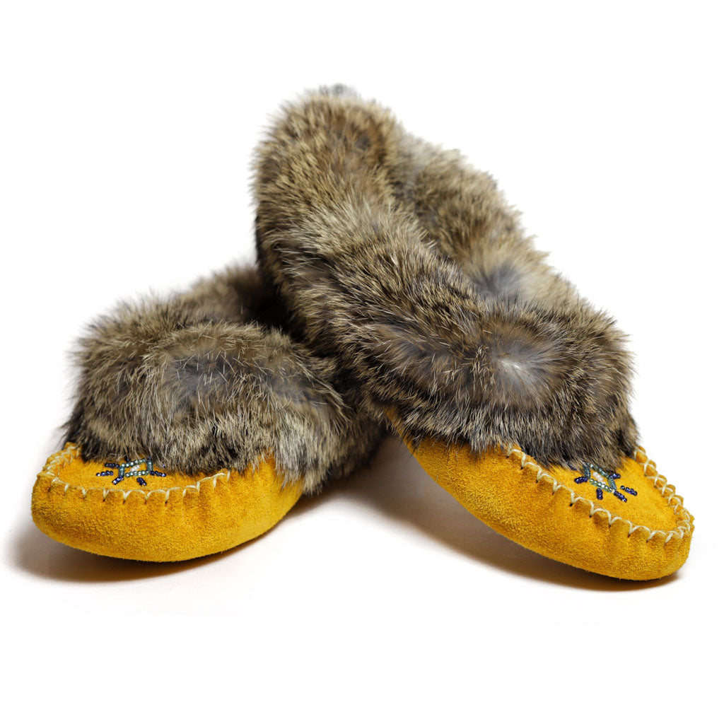 Ladies Tan Moccasins with Rabbit Fur