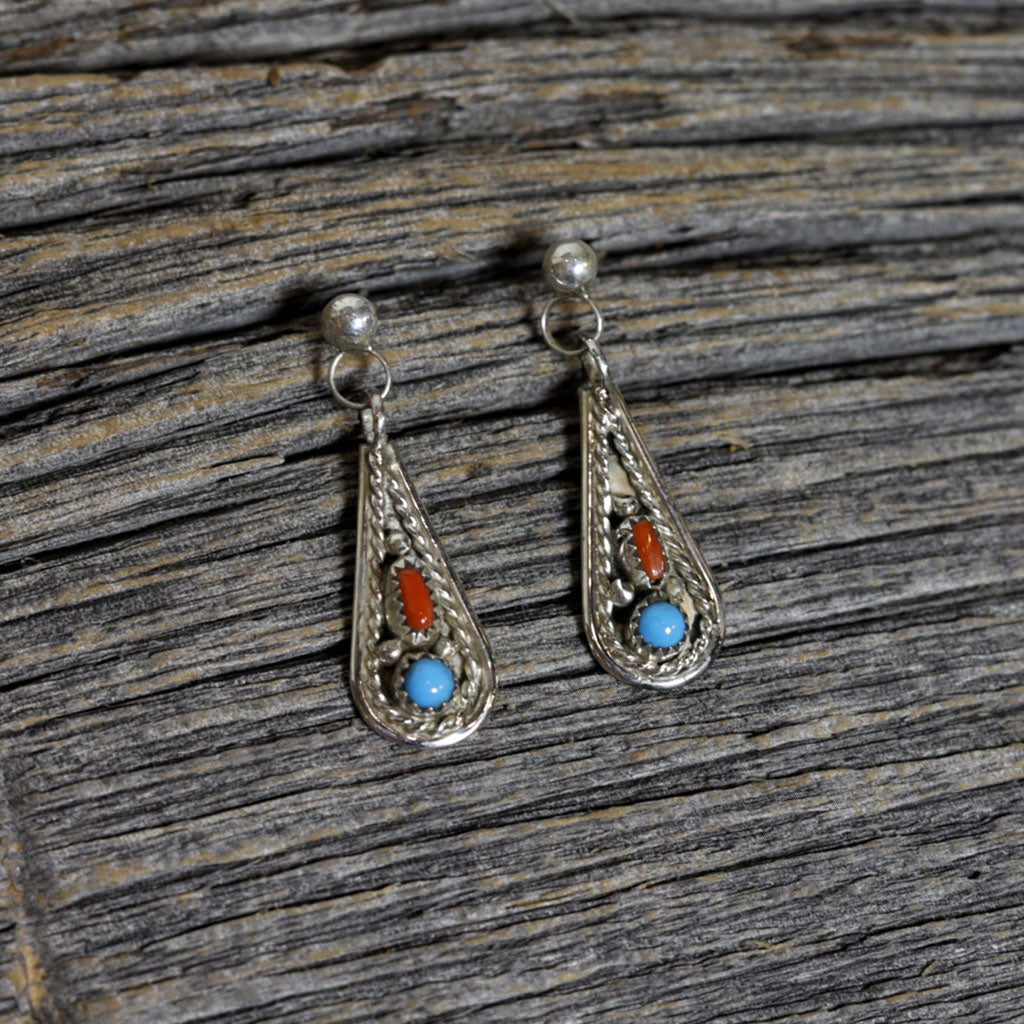 Silver, Turquoise & Coral Navajo Teardrop Earrings by Thelma Yazzie