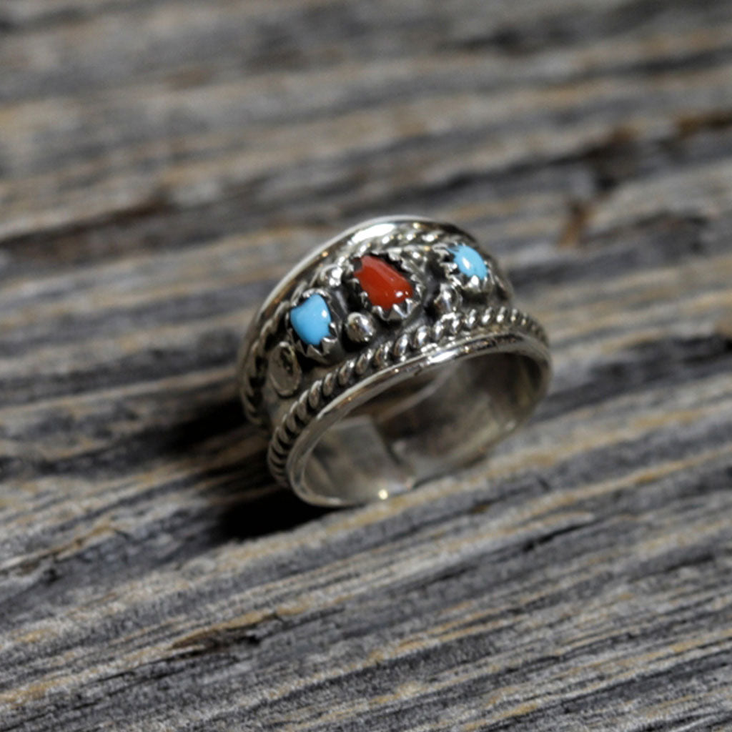 Navajo Silver, Turquoise & Coral Ring by Sondra Whitegoat