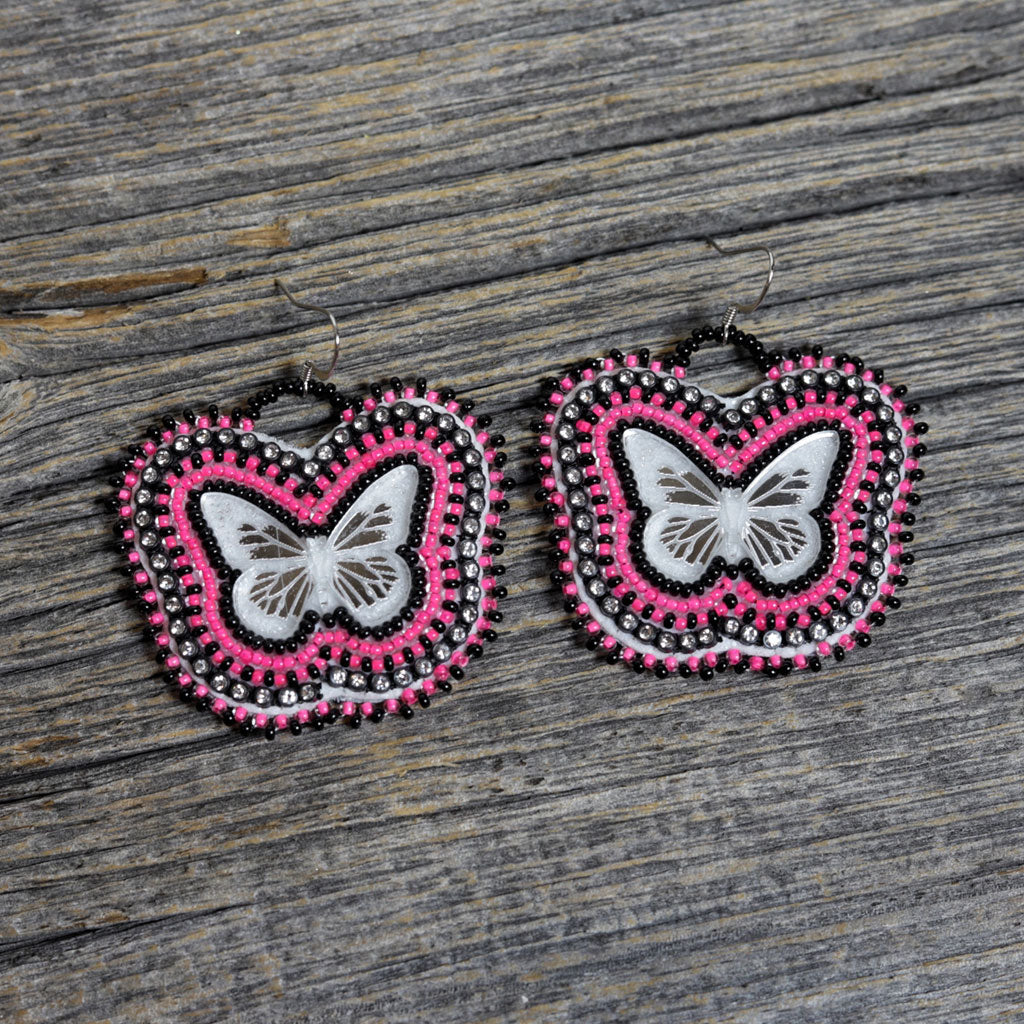 Neon Pink Beaded Butterfly Earrings by Mikey Shorting