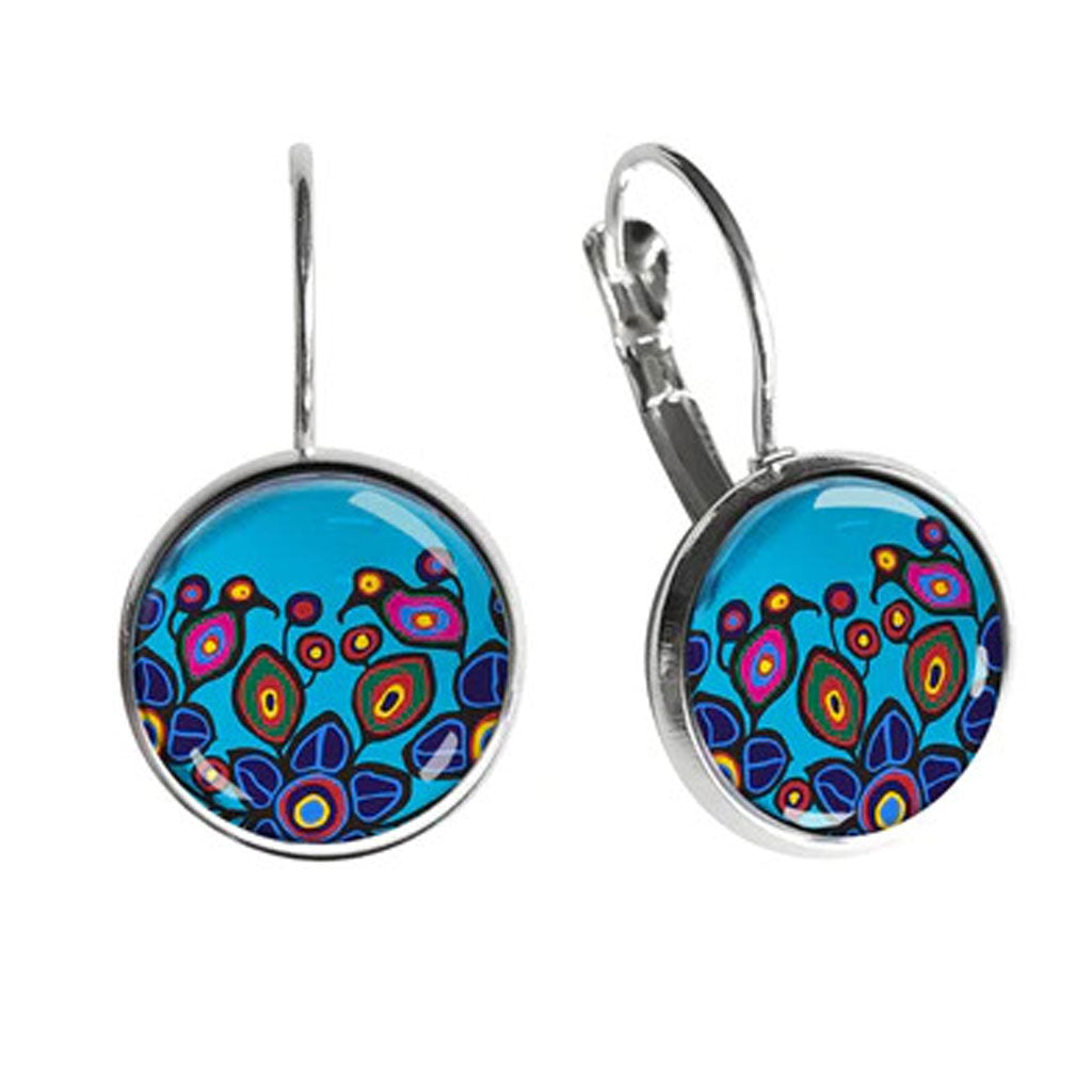 'Flowers & Birds' Glass Dome Earrings by Norval Morrisseau