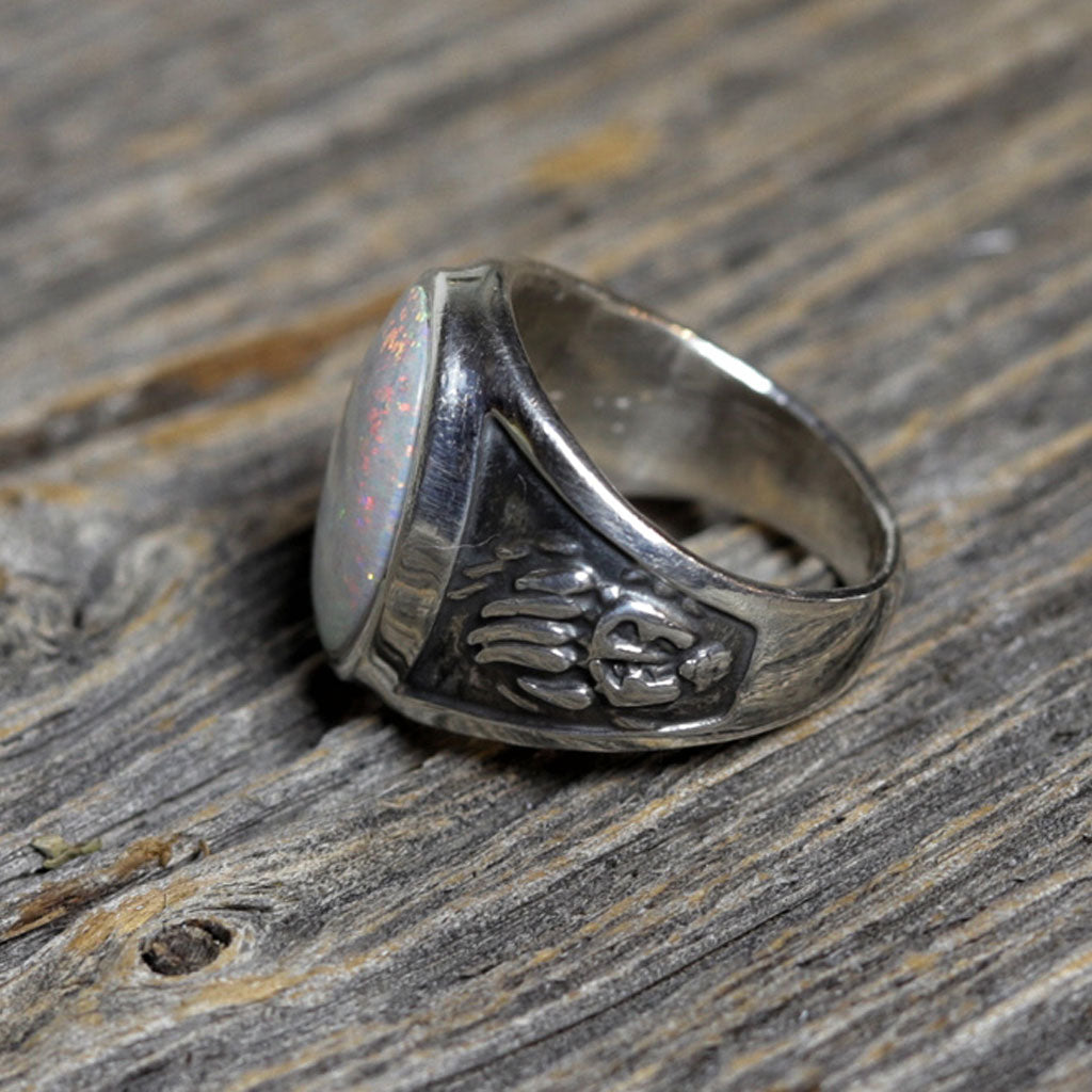 Navajo Silver Bear Paw Ring w/ Manmade Opal by Ella Cowboy