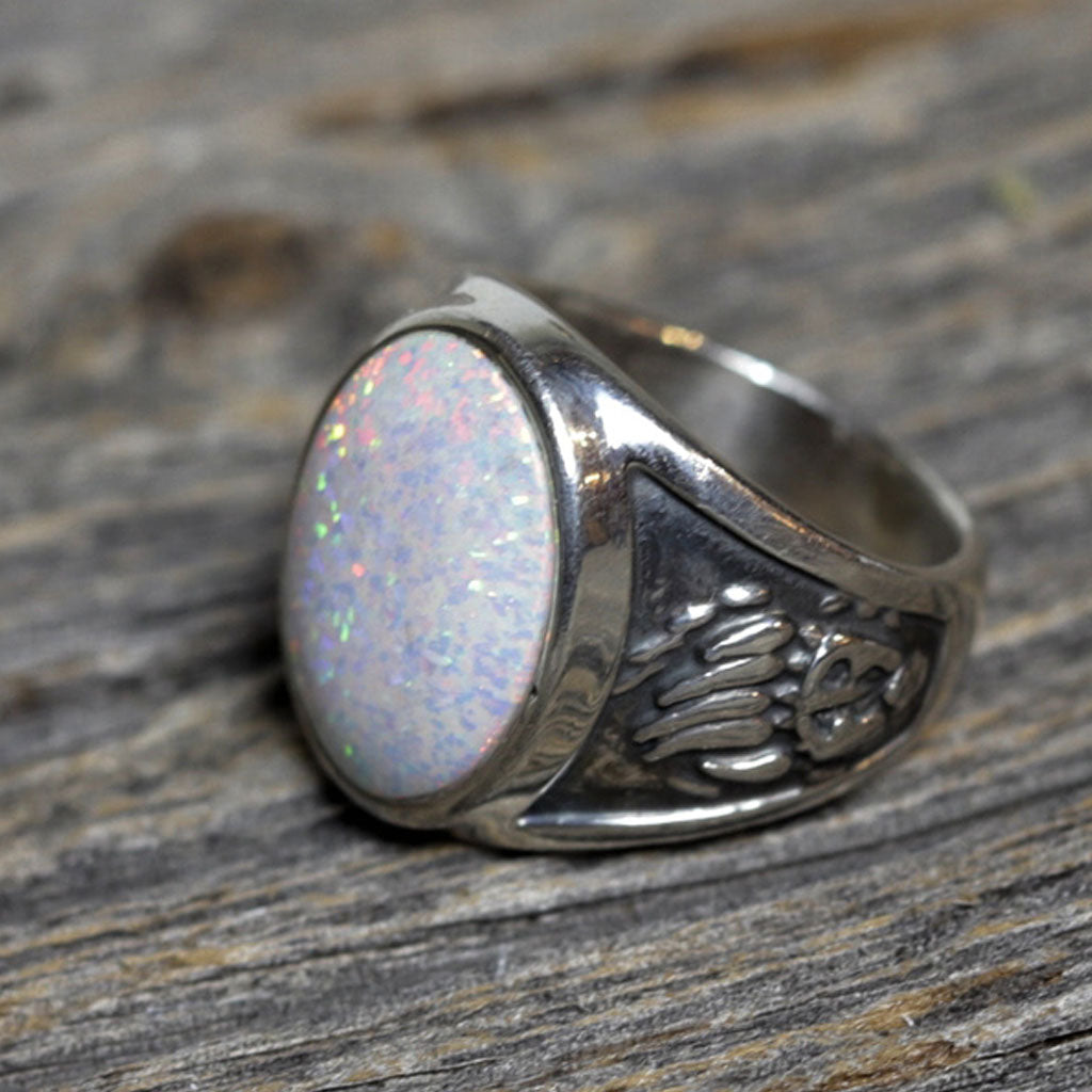 Navajo Silver Bear Paw Ring w/ Manmade Opal by Ella Cowboy